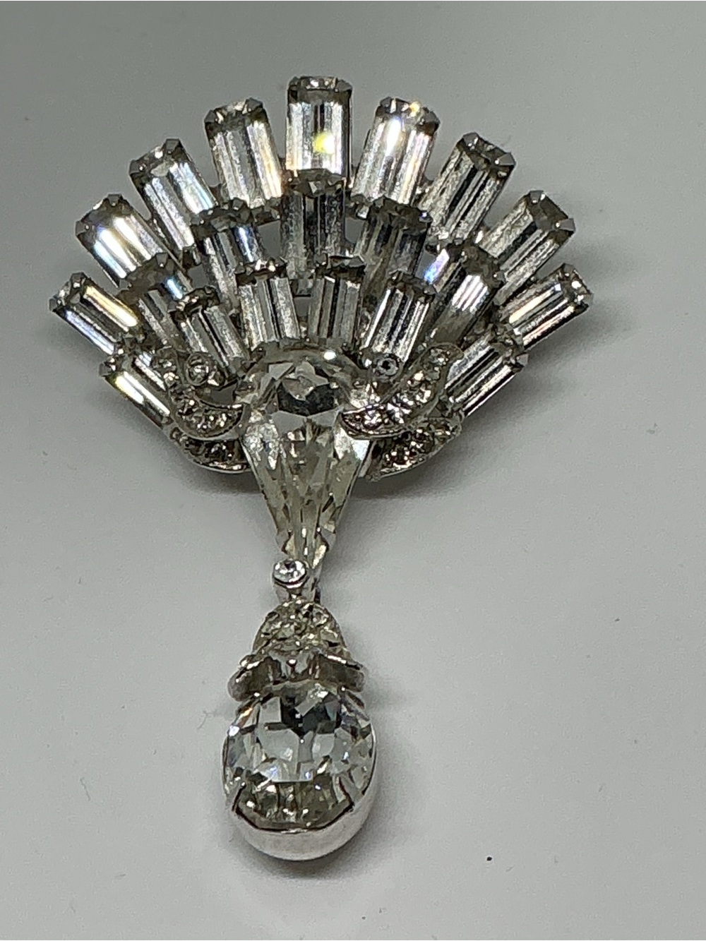 Vintage Eisenberg Ice Clear Rhinestone Fan Brooch with Pendant Drop